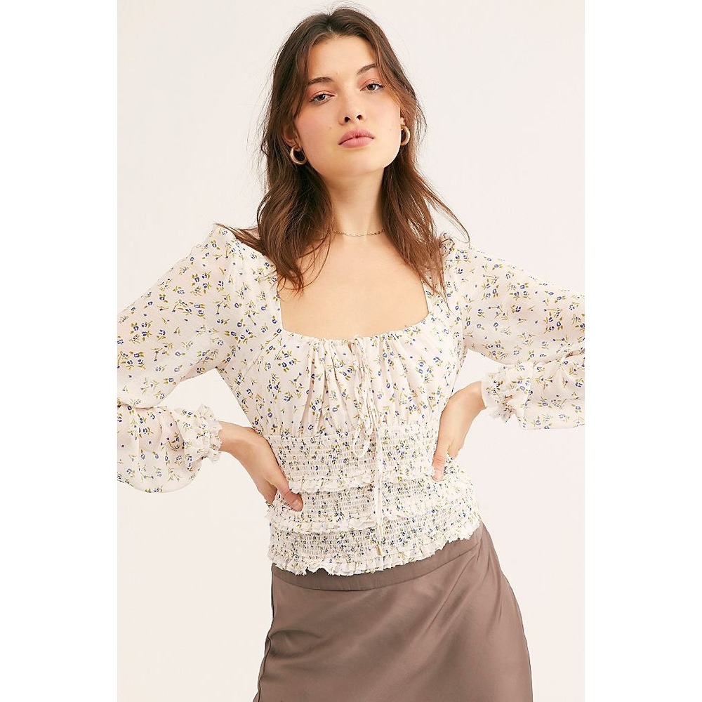 Free People Ivory Blue Floral Smocked Waist Long Sleeve Blouse XS